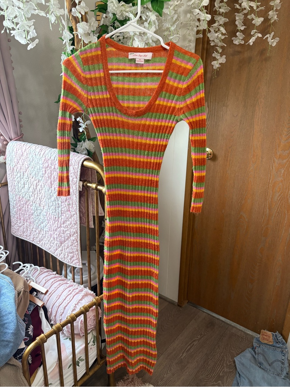 Lisa Says Gah Striped Rib Knit Midi Dress in Orange, Green, Pink - Picture 3 of 7